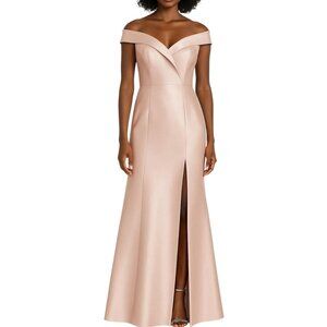 Alfred Sung Women's Pink Off The Shoulder Satin Front Slit Dress Size 4 NWTF